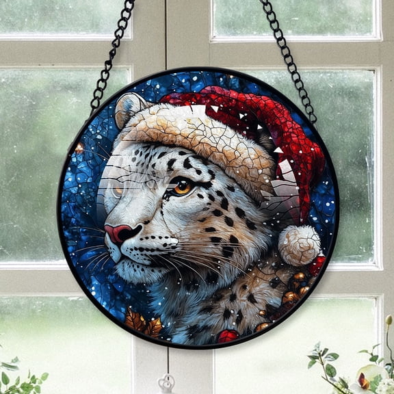 Snow Leopard Ornament Christmas 2025, Snow Leopard Stained Glass Hanging Window Decoration  Unique Glass Panel for Natural Light Display