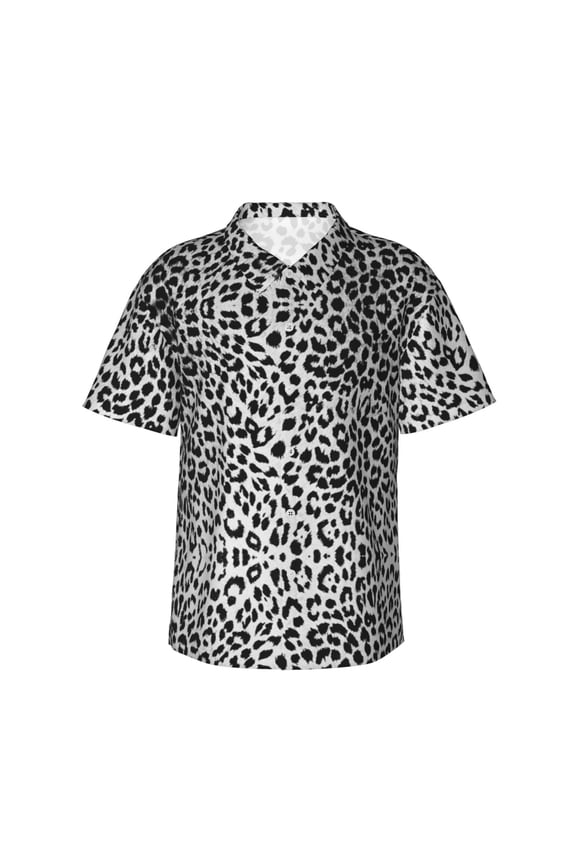 Snow Leopard Pattern Hawaiian Shirts For Men, Summer Short-Sleeve Relaxed-Fit Button-Down Shirts Large