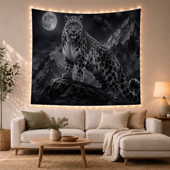 Snow Leopard on Rocky Mountain Under Full Moon, Serene Illustration for Wildlife Lovers, Wildlife Wall Art, Housewarming Gift, Tapestry Wall Hanging for Bedroom and Living Room