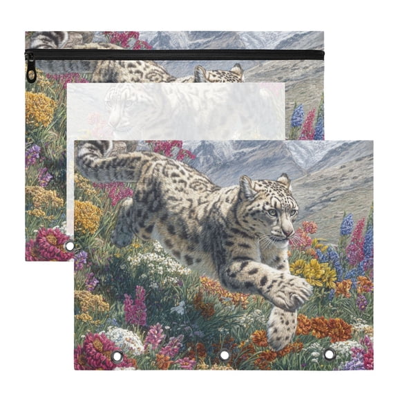 Snow Leopard Run Down From Hill 3-Ring Binder Pocket with Zipper Pencil Pouches A4 Size File Storage 2 Packs