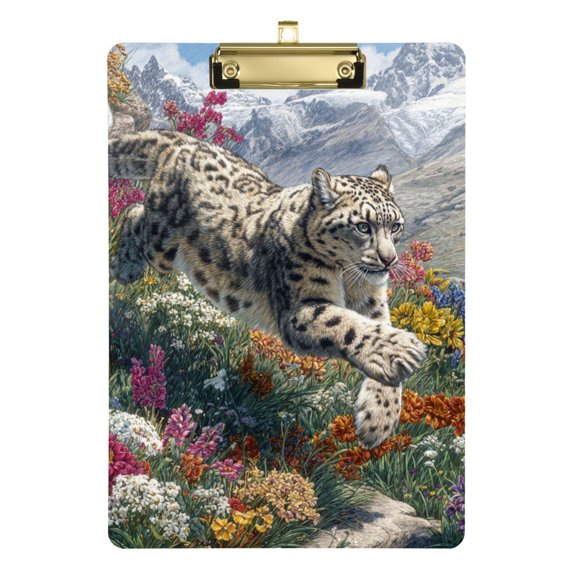 Snow Leopard Run Down From Hill Acrylic Clipboard Drawing Board with Hook Writing Pad File Storage A4 Size Gold 12.5" x 9"