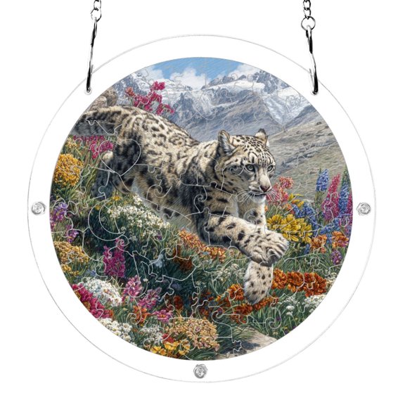 Snow Leopard Run Down From Hill Acrylic Jigsaw Puzzles 83 Pieces Suncatcher for Window Hanging 7.5 Inch Holiday Home Decor