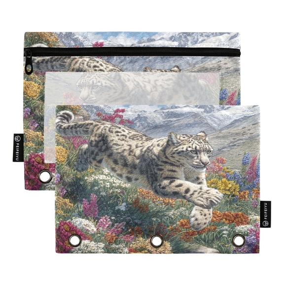 Snow Leopard Run Down From Hill Binder Pouches Zipper Pocket Document Storage 3 Rings 2 Packs A5 Size
