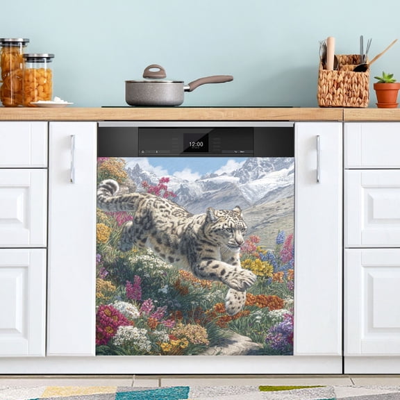 Snow Leopard Run Down From Hill Dishwasher Magnet Refrigerator Magnetic Cover Washing Machine Magnet Sticker Kitchen Decor