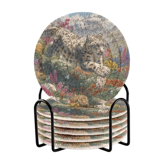 Snow Leopard Run Down From Hill Drinking Coasters Cup Mat with Holder for Kitchen Cafe Bar 6 Packs