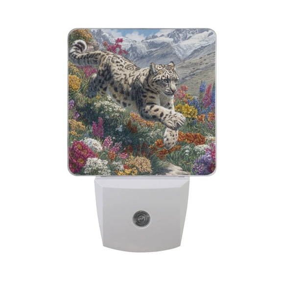 Snow Leopard Run Down From Hill LED Night Light Sensor Lamp Plug-in Adjustable Brightness 2 Pack