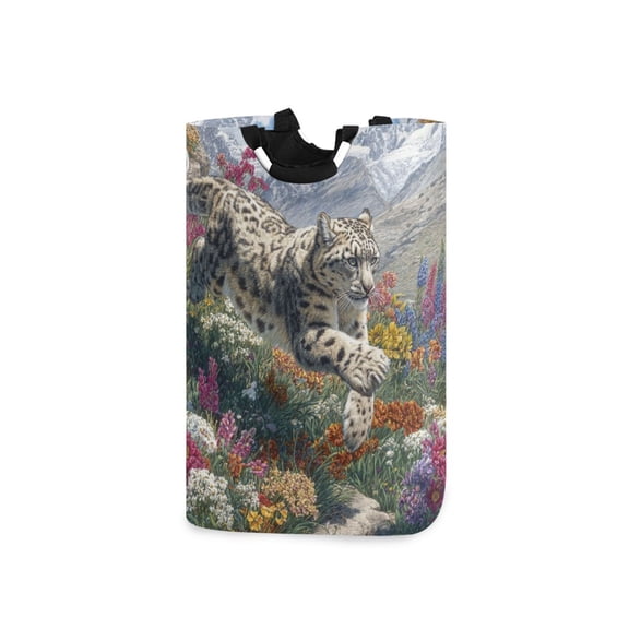 Snow Leopard Run Down From Hill Laundry Basket with Handles Foldable Laundry Hamper Freestanding Washing Bin 50L