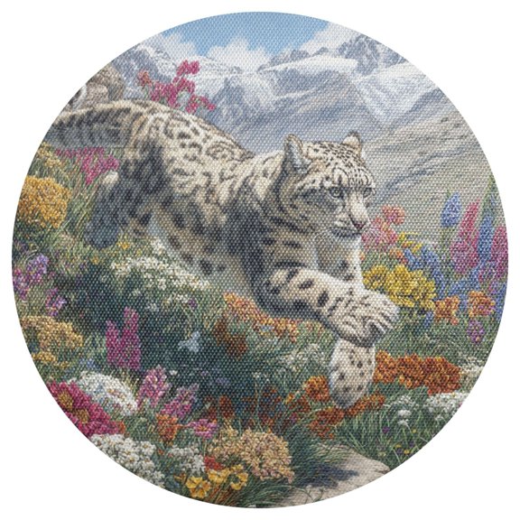 Snow Leopard Run Down From Hill PVC Round Grid Placemat Table Mat 1 Pc 15.4" x 15.4"