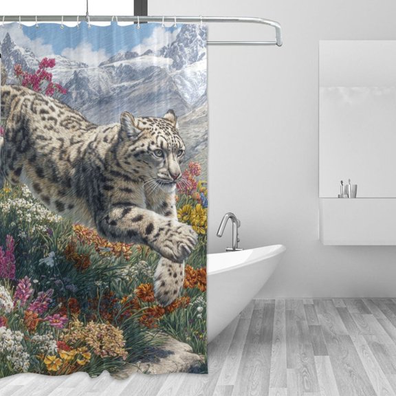 Snow Leopard Run Down From Hill Shower Curtains with 12 Hooks Waterproof Bathroom Decor 48" x 72"