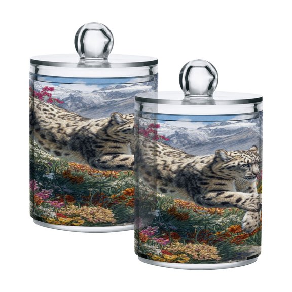 Snow Leopard Run Down From Hill Translucent Plastic Cans Storage Canisters with Lid Set of 2