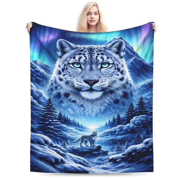 Snow Leopard Throw Blanket, Fantasy Aurora Wildlife Art Design, Soft Warm Fleece Blanket for Sofa, Bed, Living Room Home Decor 50x40