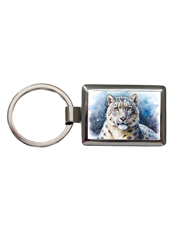 Snow Leopard Watercolor Metal Rectangle Keychain