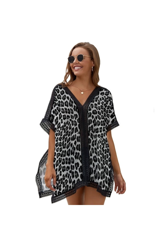 Snow Leopard White Beach Cover Ups for Women Bathing Suit Cover Up Lace Bikini Swimsuit Coverup Beach Dress Shirt One Size