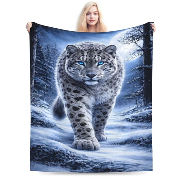Snow Leopard Winter Blanket Blue Eye Snow Leopard Throw Blanket Soft Cozy Flannel Christmas Winter Wildlife Cabin Home Decor Gift 80x60