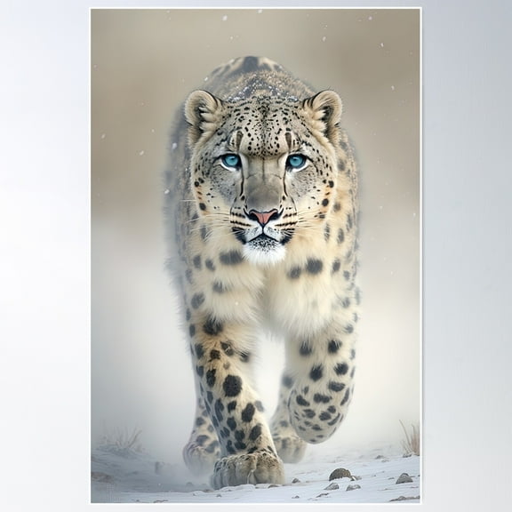 Snow Leopard With Blue Eyes In The Snow Poster Wall Art, Modern Wall Decor For Living Room Bedroom, 24x36 UNFRAMED