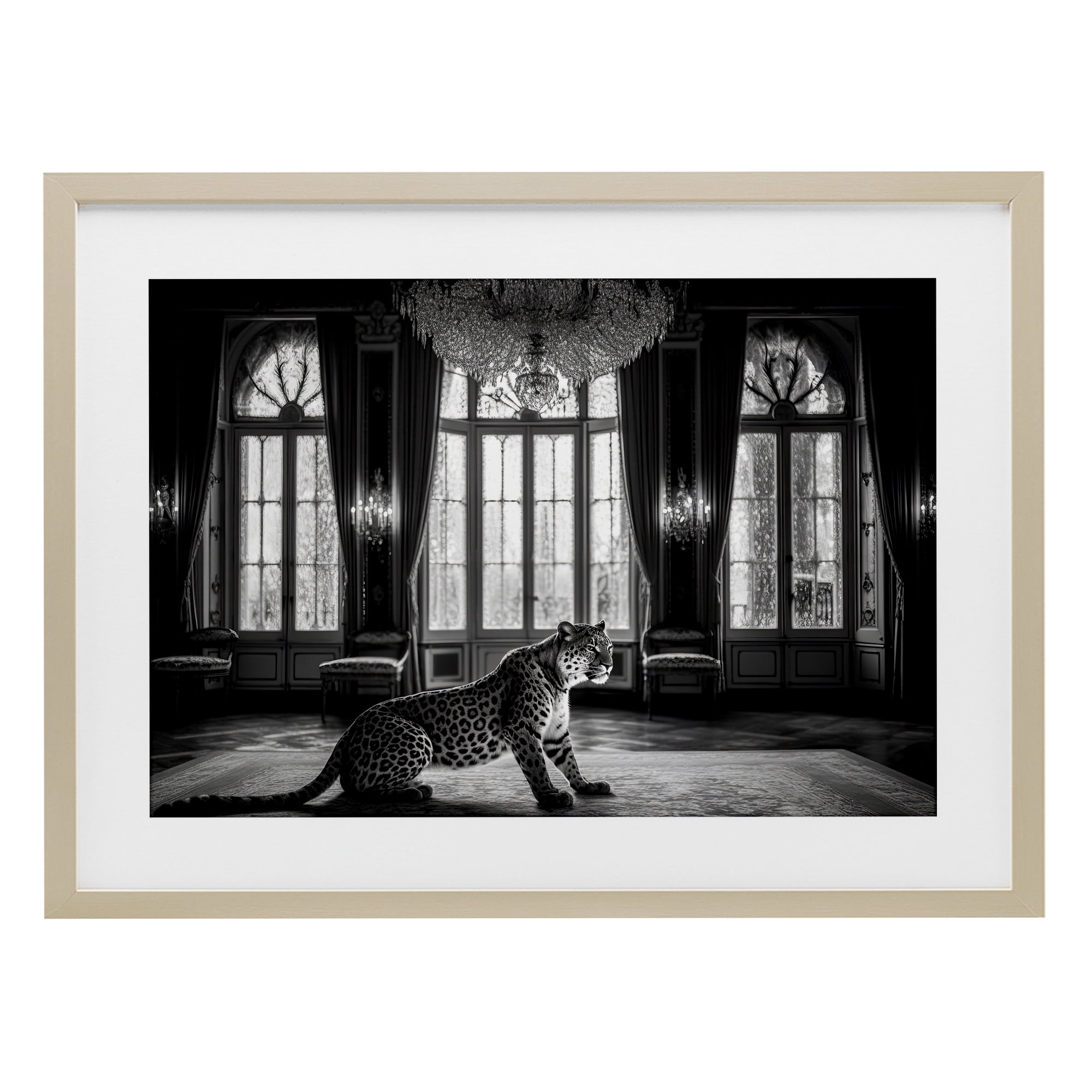 Snow Leopard in Opulent Mansion Birch Framed Print Under Glass, design by Decent Exposures