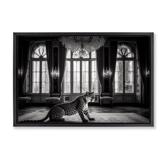 Snow Leopard in Opulent Mansion Black Framed Floater Canvas Wall Art, design by Decent Exposures