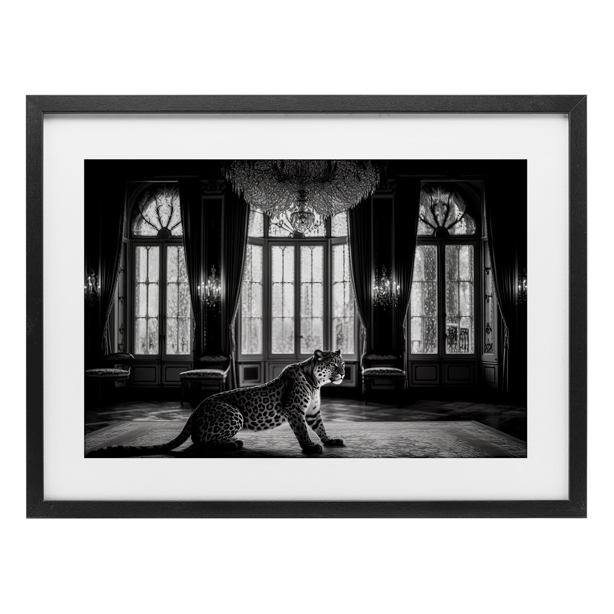 Snow Leopard in Opulent Mansion Black Framed Print Under Glass, design by Decent Exposures