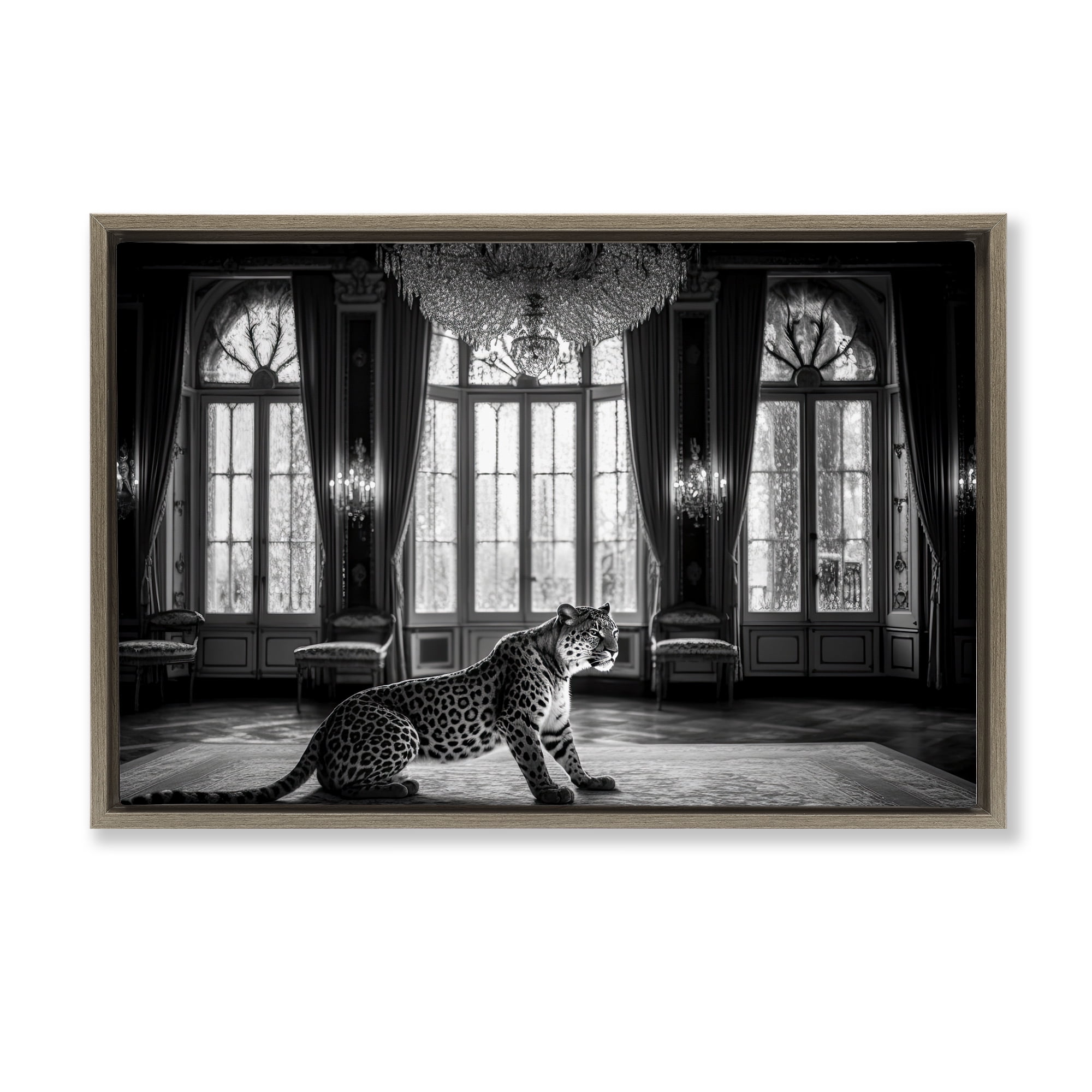 Snow Leopard in Opulent Mansion Brown Framed Floater Canvas Wall Art, design by Decent Exposures
