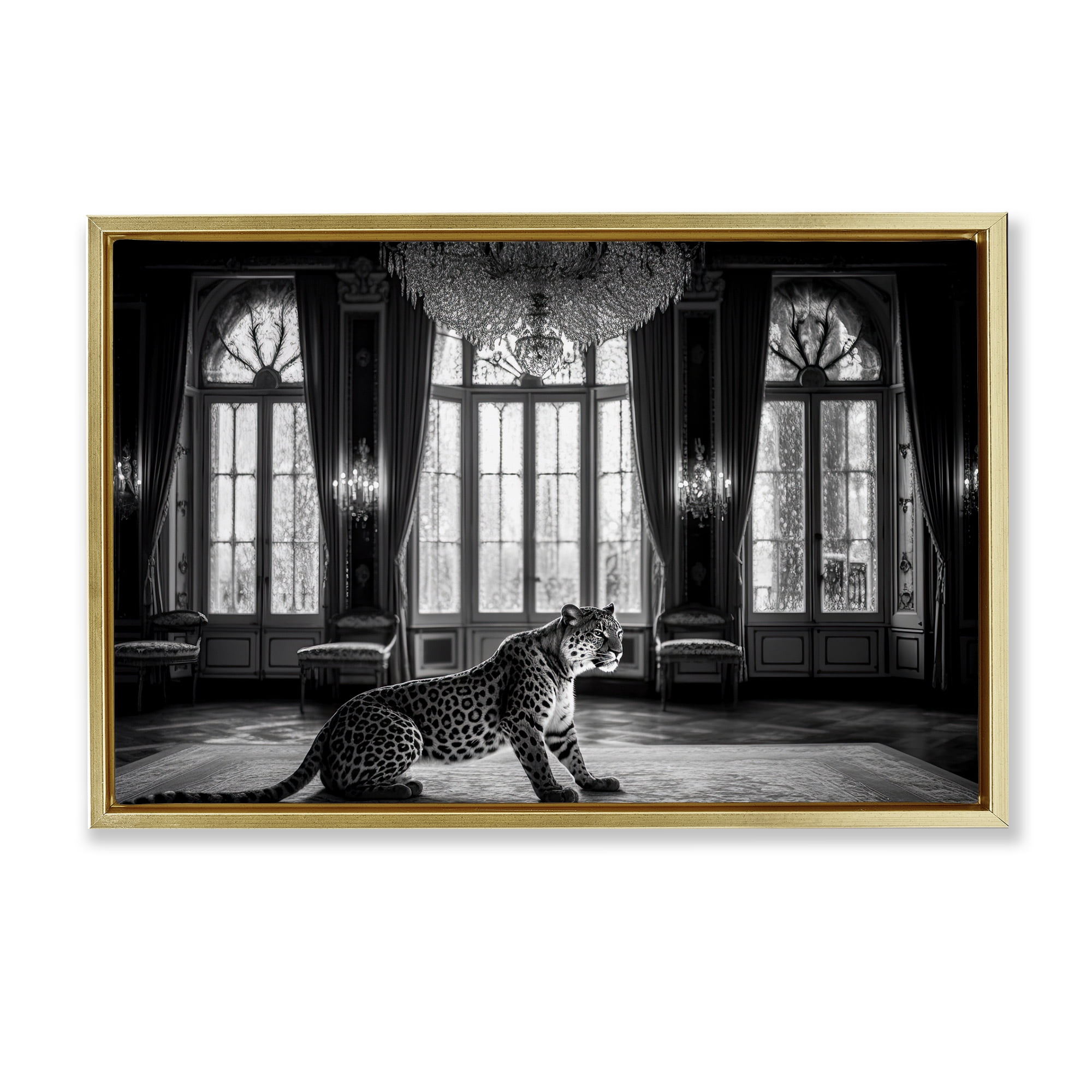 Snow Leopard in Opulent Mansion Gold Framed Floater Canvas Wall Art, design by Decent Exposures