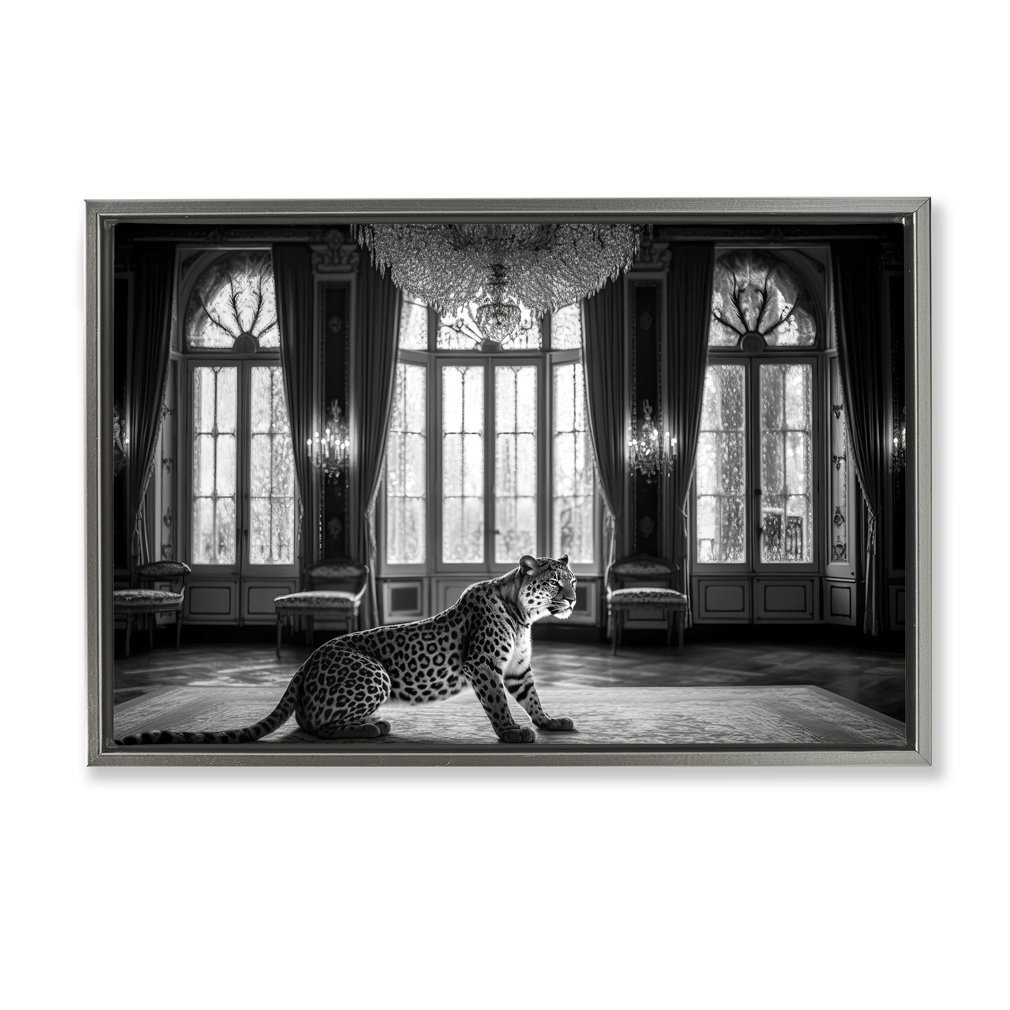 Snow Leopard in Opulent Mansion Gray Framed Floater Canvas Wall Art, design by Decent Exposures