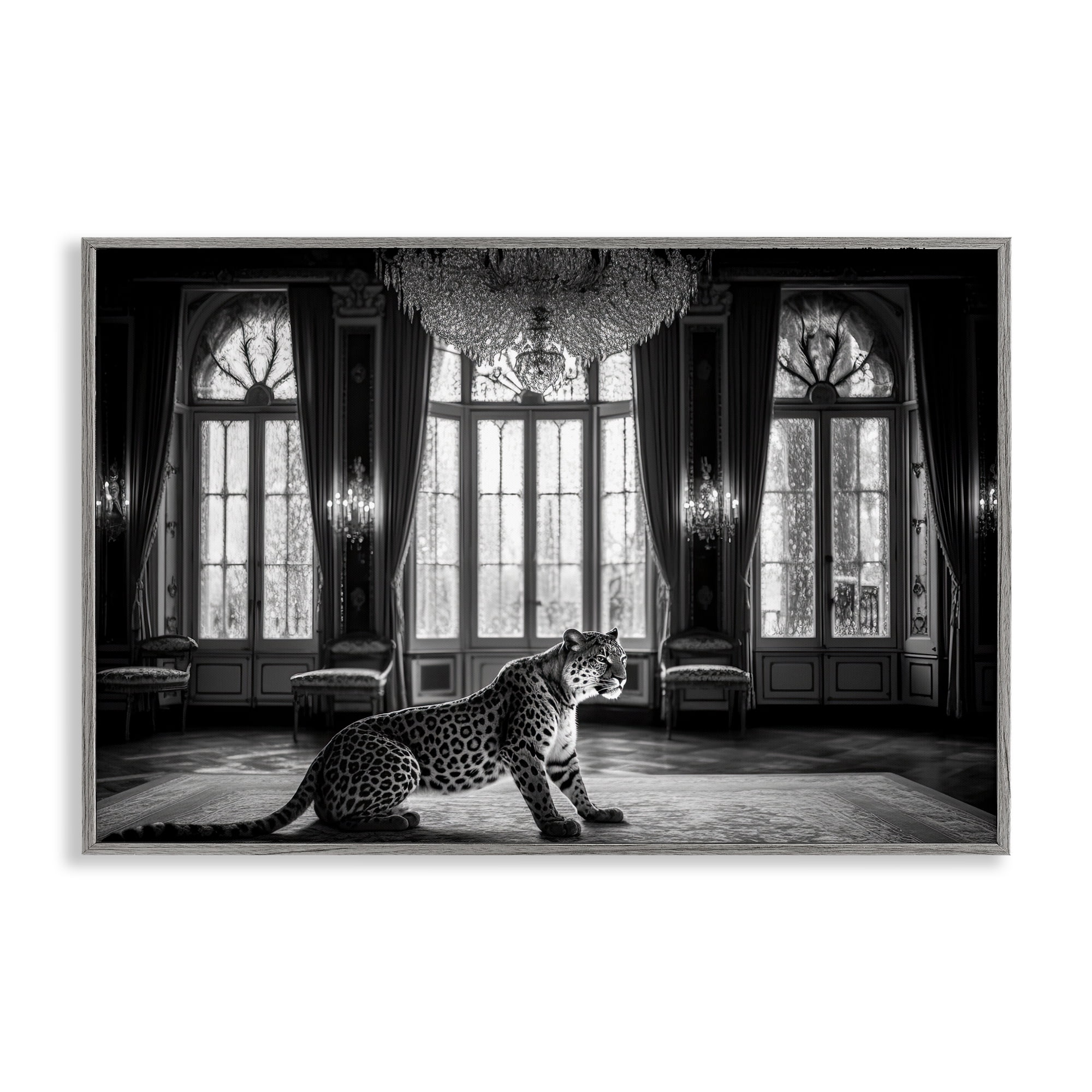 Snow Leopard in Opulent Mansion Gray Framed Giclee Art, design by Decent Exposures