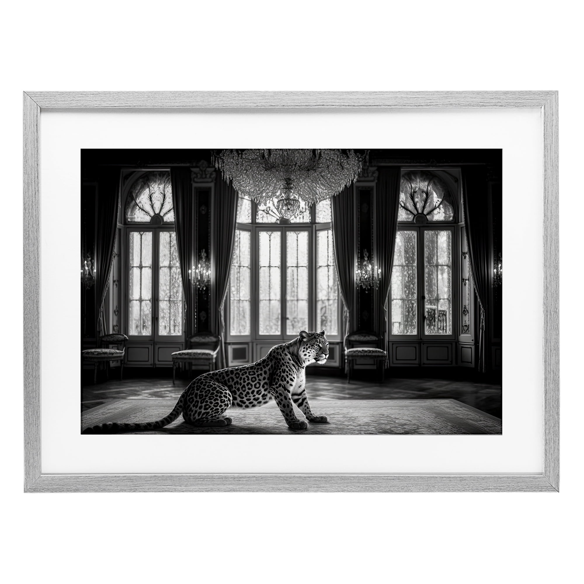 Snow Leopard in Opulent Mansion Gray Framed Print Under Glass, design by Decent Exposures