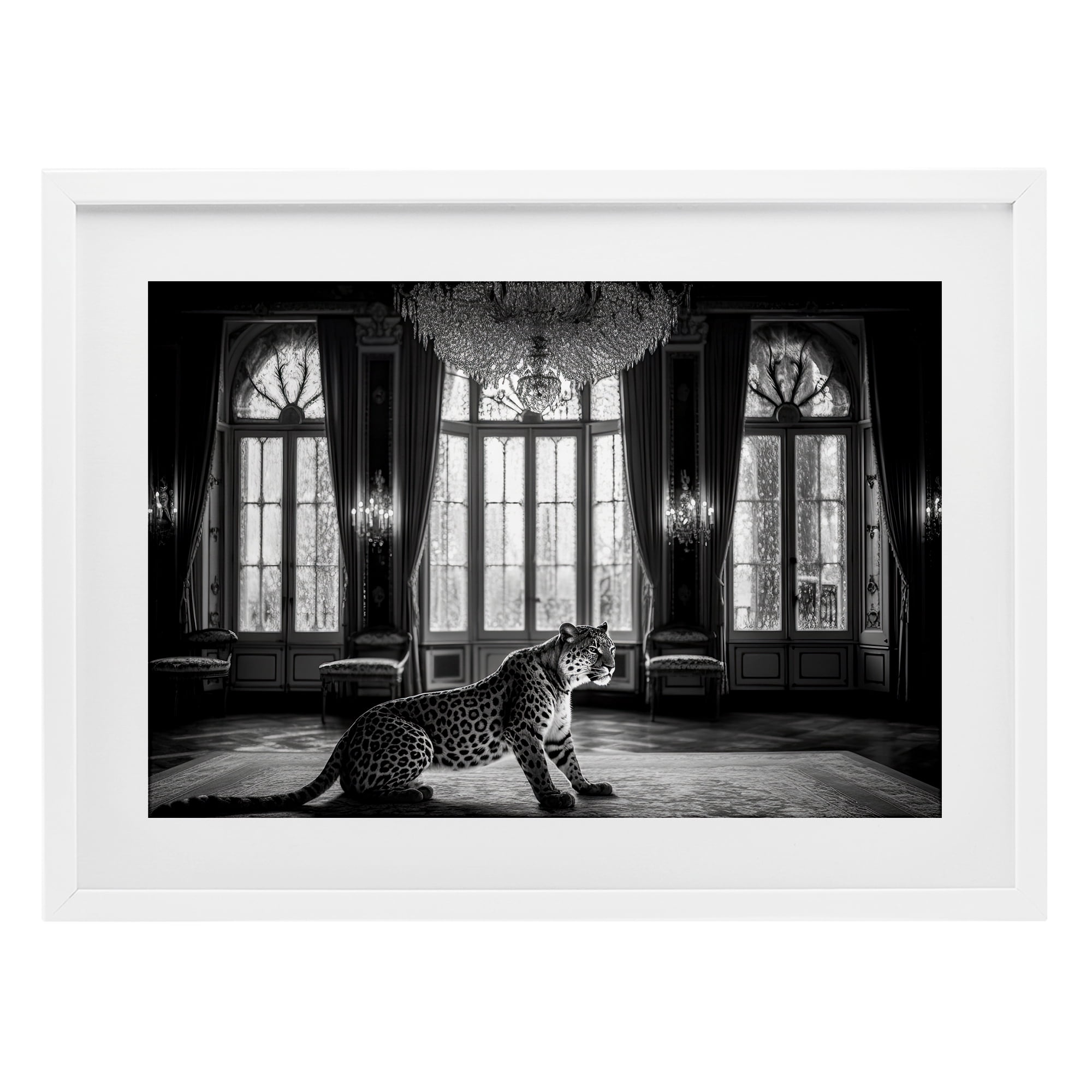 Snow Leopard in Opulent Mansion White Framed Print Under Glass, design by Decent Exposures