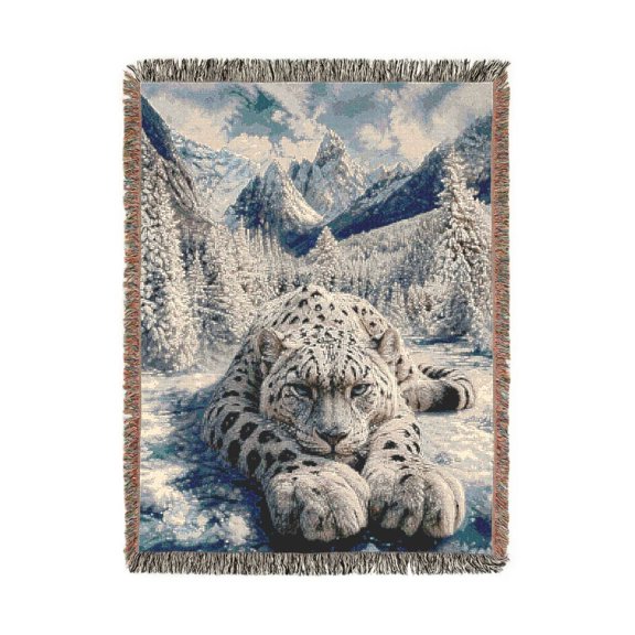 Snow Leopard in Snowy Mountains Gray Teal Woven Throw Blanket, 100% Cotton, Wildlife Lodge Decor