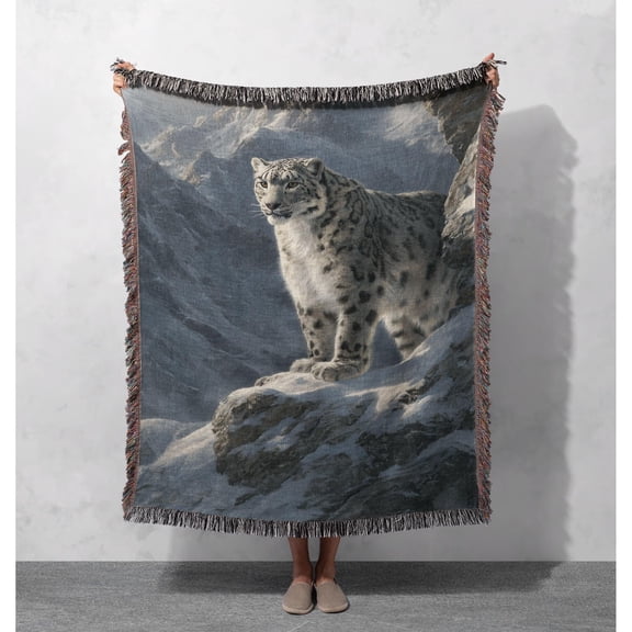 Snow Leopard on Rocky Mountain, Blue Gray and Ivory Woven Blanket, 100% Cotton, Alpine Wildlife Style
