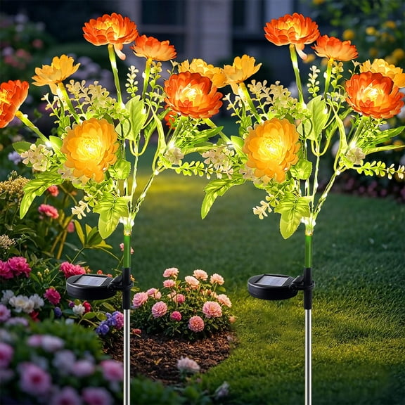 Snow Lotus Solar Garden Light, 2 Pack Solar Flower Light Outdoor, Waterproof Decorative LED Landscape Lights for Yard Patio Decor, Orange