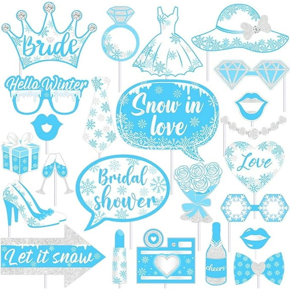 Snow in Love Bachelorette Decorations, 24pcs Winter Bridal Shower Decorations Photo Booth Props for Light Blue Bridal Shower Decor Bachelorette Wedding Engagement Winter Party Supplies