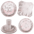 thumbnail image 1 of Snow in Love Pink Snowflake Party Supplies - Bridal Shower Party Supplies 64 Piece Tableware Set Includes Large 9" Paper Plates Dessert Plates, Cups and Napkins Kit for 16, 1 of 9
