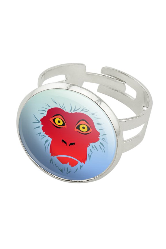 Snow Monkey Face Red Silver Plated Adjustable Novelty Ring