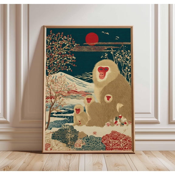 Snow Monkey Japanese Macaque Cherry Blossom Landscape Red Sun Art Decor, Unframed Canvas 16x20in