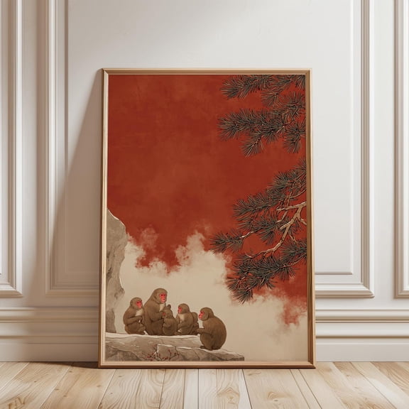 Snow Monkey Japanese Style Wildlife Red Sunset Nature Decor Unframed Paper Print