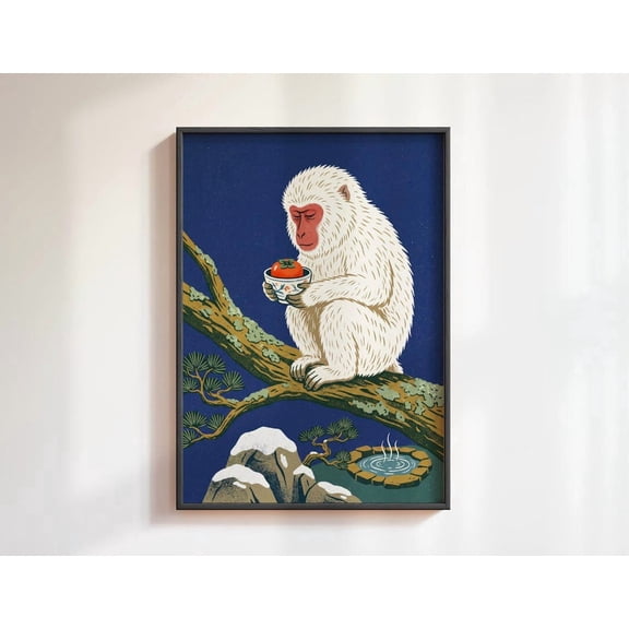 Snow Monkey Persimmon Wall Art Japanese Winter Home Decor Unframed Paper Print