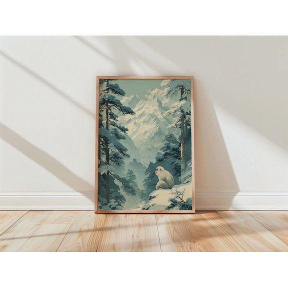 Snow Monkey Realistic Nature Illustration Pale Blue Winter Mountain Wall Art, Unframed Poster