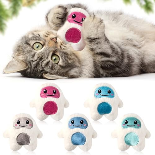Snow Monster Catnip Toys - 5Pcs Winter Christmas Catmint Interactive Cat Toy for Indoor Kitten, Soft Plush with Cute Expression Supplies, Kitty Teething Chew Toy Set Xmas Gifts for Cat Lover