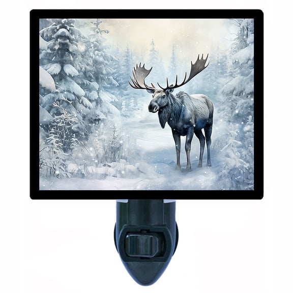 Snow Moose Night Light  Winter Forest Moose Scene with Snowy Trees and Soft White Glow, Free Switchable Insert