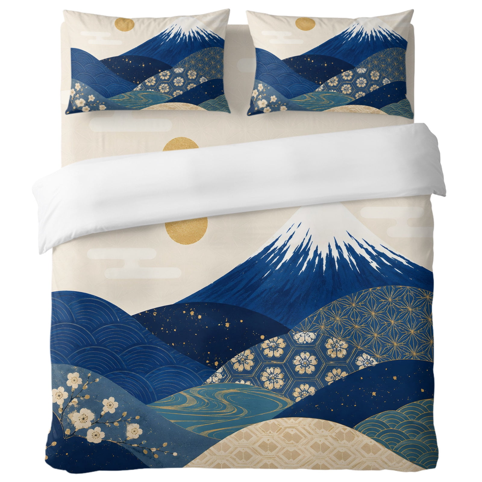 Snow Mount Fuji 4 Piece Bedding Set, Traditional Golden Sun Navy Blue ...