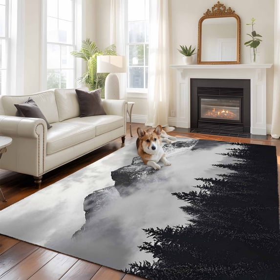 Snow Mountain Area Rugs 5x7 ft Nature Scenery Black Forest Vintage Style Washable Rug Non Slip Indoor Carpet Absorbent Floor Mat for Living Room Bedroom Dining Room