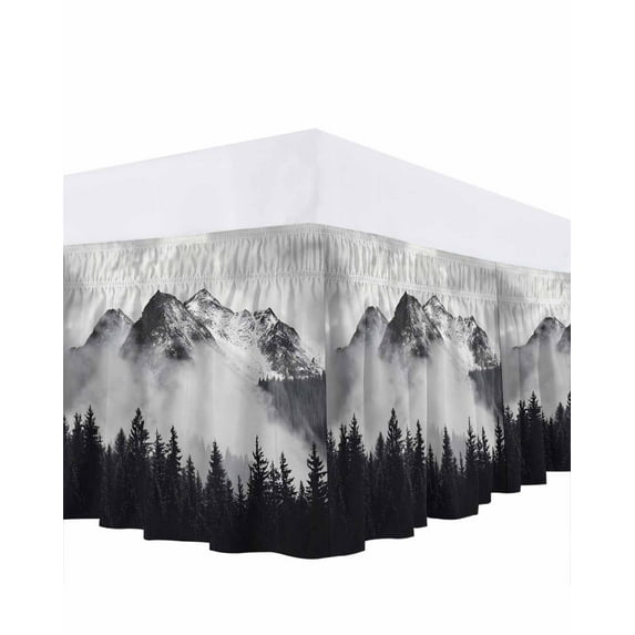 Snow Mountain Bed Skirt California King Size 16" Drop Nature Scenery Black Forest Vintage Style Ruffled Wrap Around Bed Skirts Adjustable Elastic Bedskirt Dust Ruffle for California King Size Bed