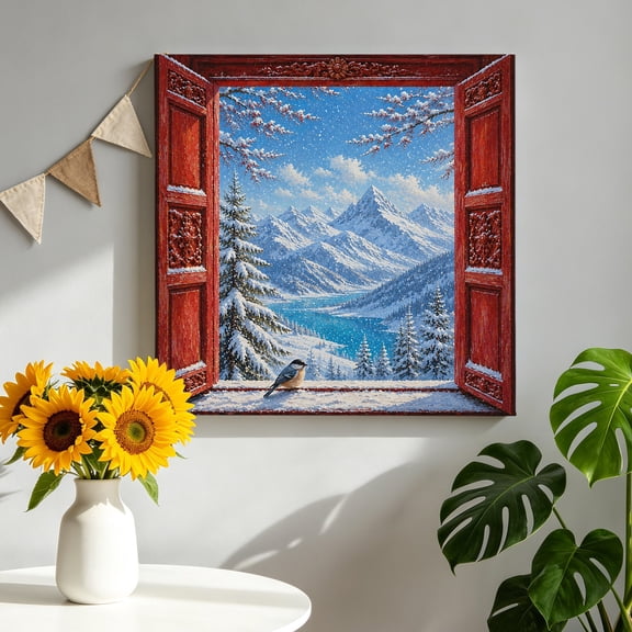 Snow Mountain Canvas Wall Art, Open-window Winter Snow Peaks Pine Trees Bird Framed Picture Canvas Wall Art Print Decor Artwork Decorations for Living Room Bedroom Ready to Hang 8" x 8"