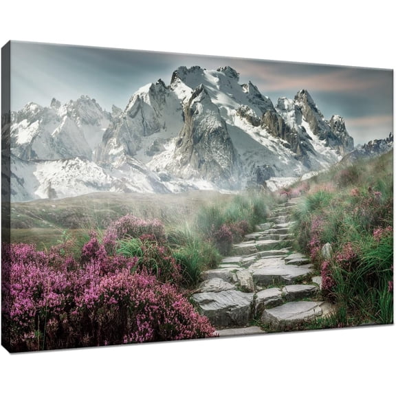 Snow Mountain Canvas Wall Art Spring Sunrise Landscape Picture Painting Nature Scenery Poster Print Wooden Framed Office Wall Decor Art for Bedroom Living Room Home Ready to Hang [12''''W X 18''''H]