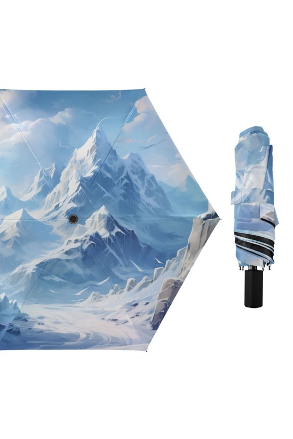 Snow Mountain Clouds All Weather Umbrella Triple Folding Parasol 6 Ribs UV Protection Portable