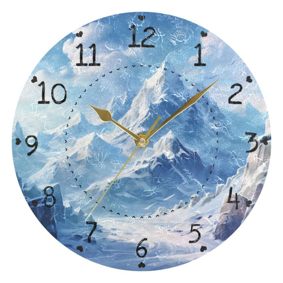 Snow Mountain Clouds Round Wall Clock Silent Analog Battery Operated Gold Pointer Home Decor 9.84" Diameter