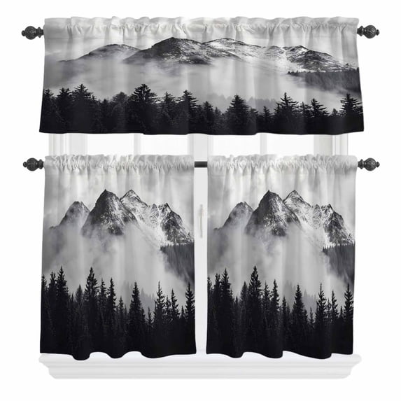 Snow Mountain Curtain Valances Set Nature Scenery Black Forest Vintage Style Kitchen Curtains 24&nbsp;inch Length Rod Pocket Valance and Tiers 3 Piece Set Small Bedroom Bathroom Laundry Decor