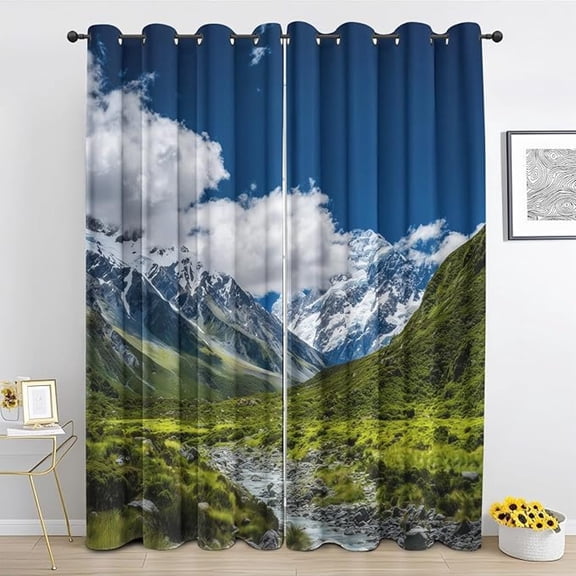 Snow Mountain Curtains for Living Room, Blue Sky Cloud River Valley Blackout Curtains, Nature Landscape Drapes Home Decor Thermal Insulated Grommet for Bedroom 26"W x 45"L (Pack of 2)