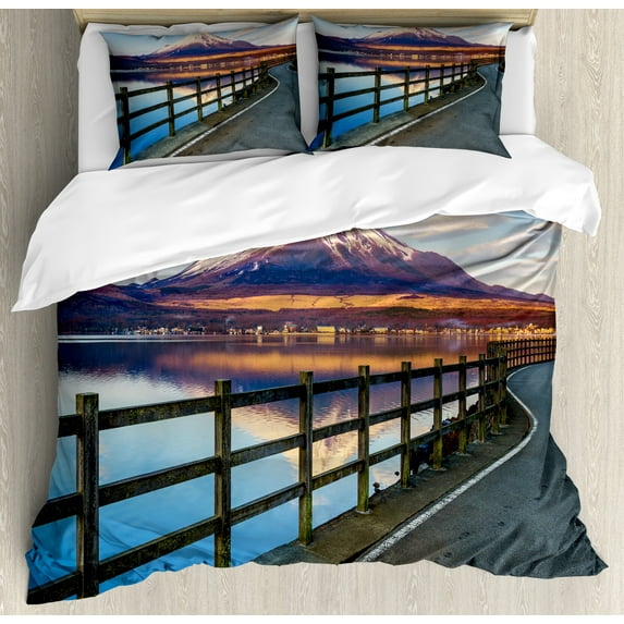 Snow Mountain Duvet Cover Set, Country Road Image to Mount Fuji Along Lake Yamanaka in Japan, Decorative 3 Piece Bedding Set with 2 Pillow Shams, King Size, Azure Blue and Multicolor, by Ambesonne